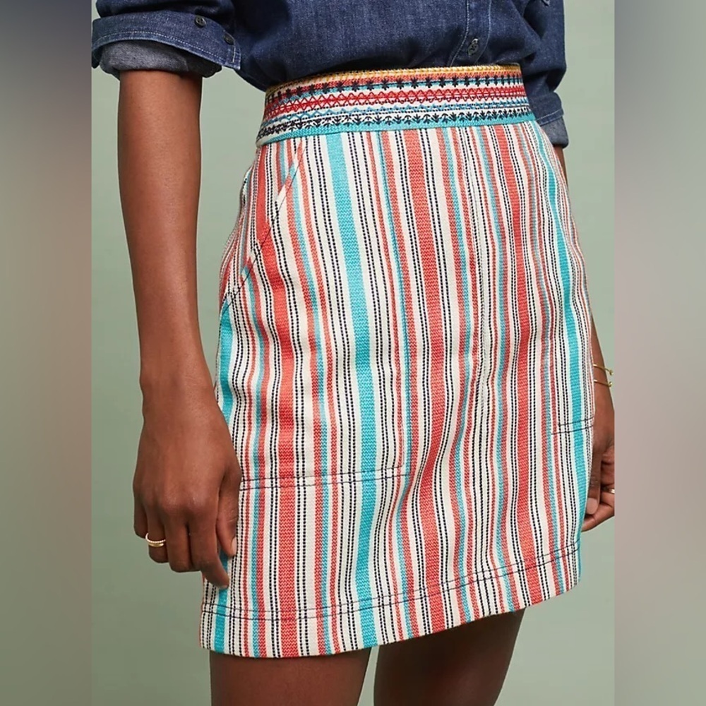 Anthropologie Size 8 Orange Blue Striped Mini Skirt Boho